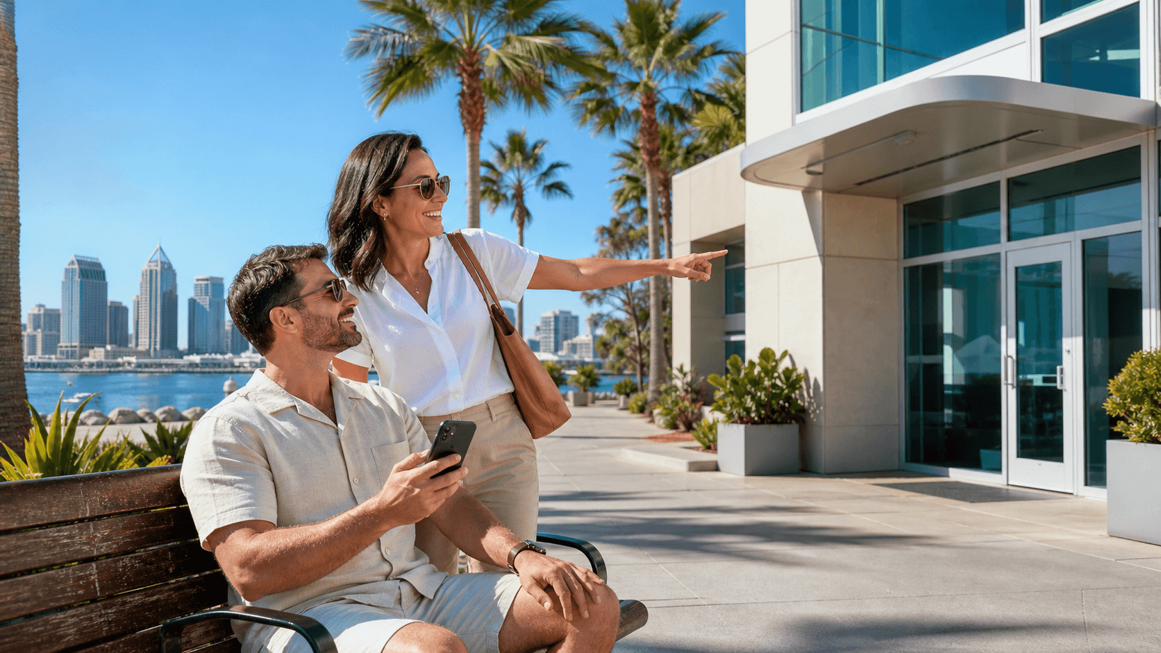 Injured tourist with a leg brace sits beside a sunny San Diego sidewalk lined with palm trees.