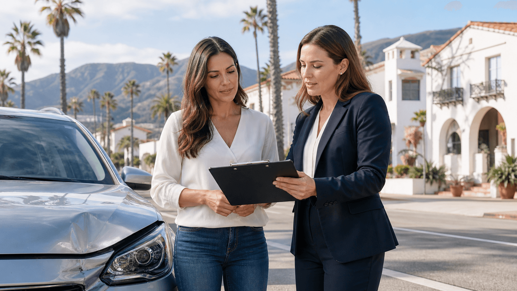 Santa Barbara coastal road at sunset with two cars stopped beside a blue insurance claim form