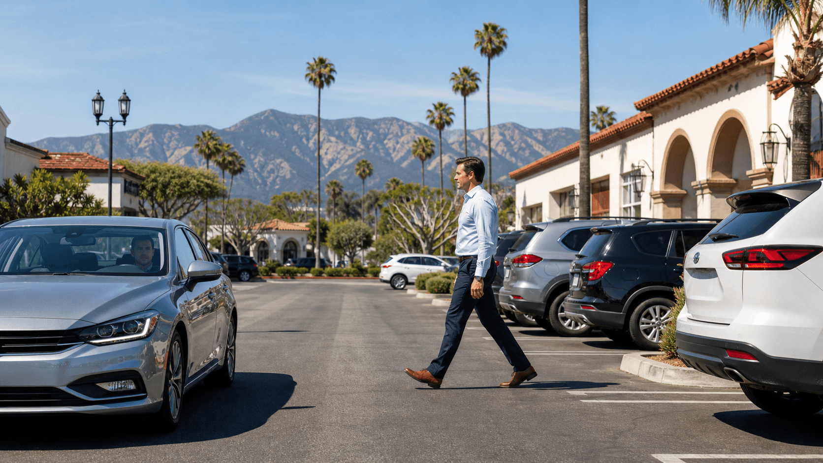 Pedestrian walks through a sunlit parking lot with parked cars, palm trees, and white lane markings.