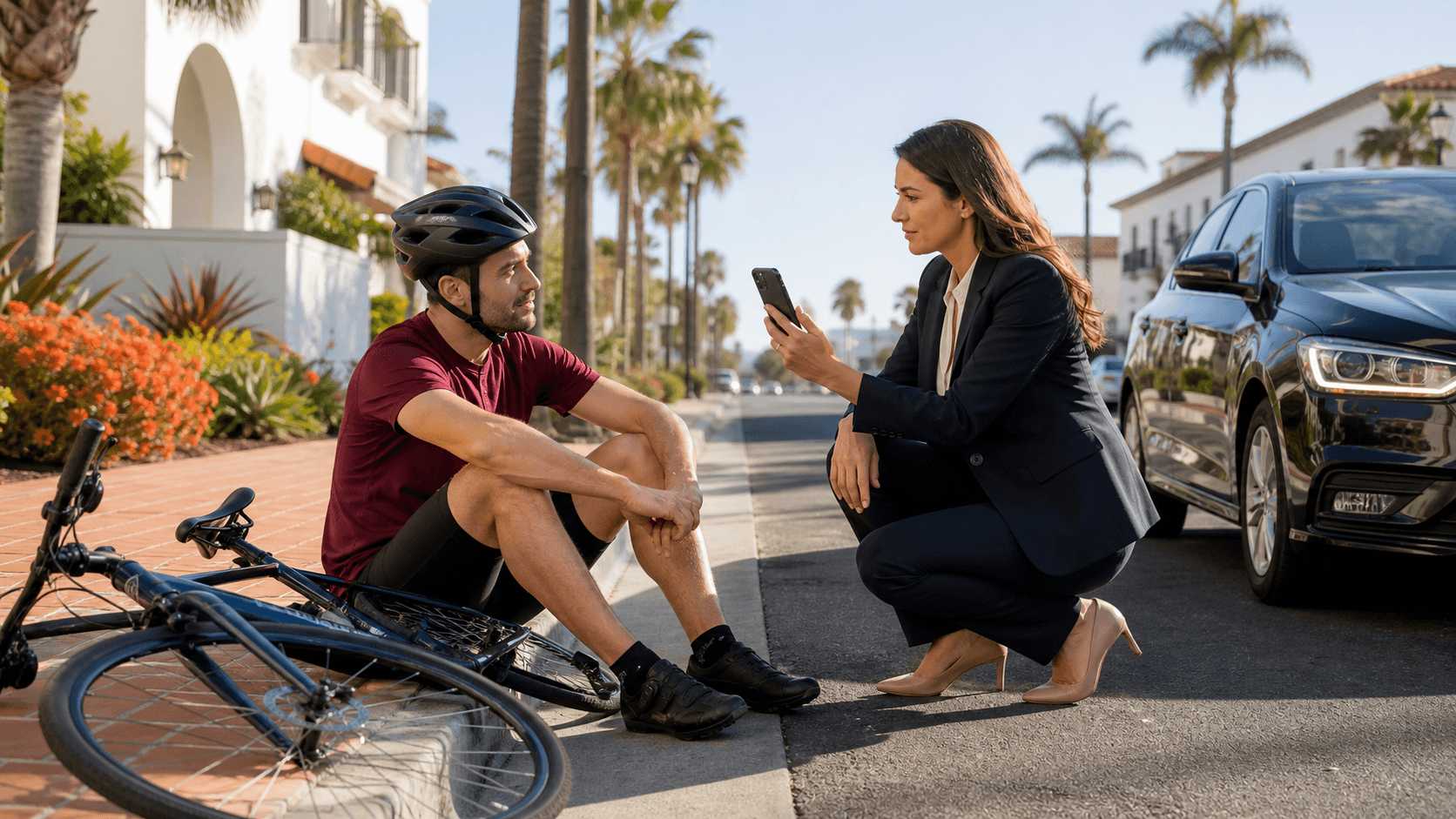 Cyclist beside a damaged bicycle on a sunlit Santa Barbara street with palm trees and emergency lights.