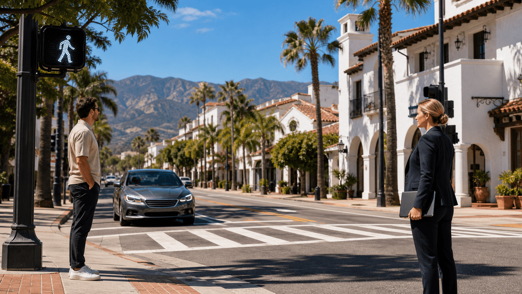 Santa Barbara crosswalk at dusk with red traffic lights, palm trees, and pedestrians waiting at the curb