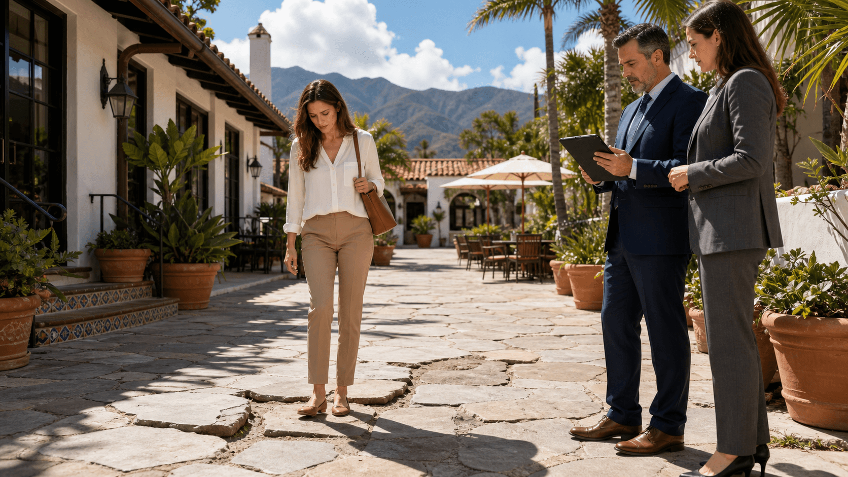 Sunlit Santa Barbara sidewalk with cracked pavement beside a stucco building and palm trees.