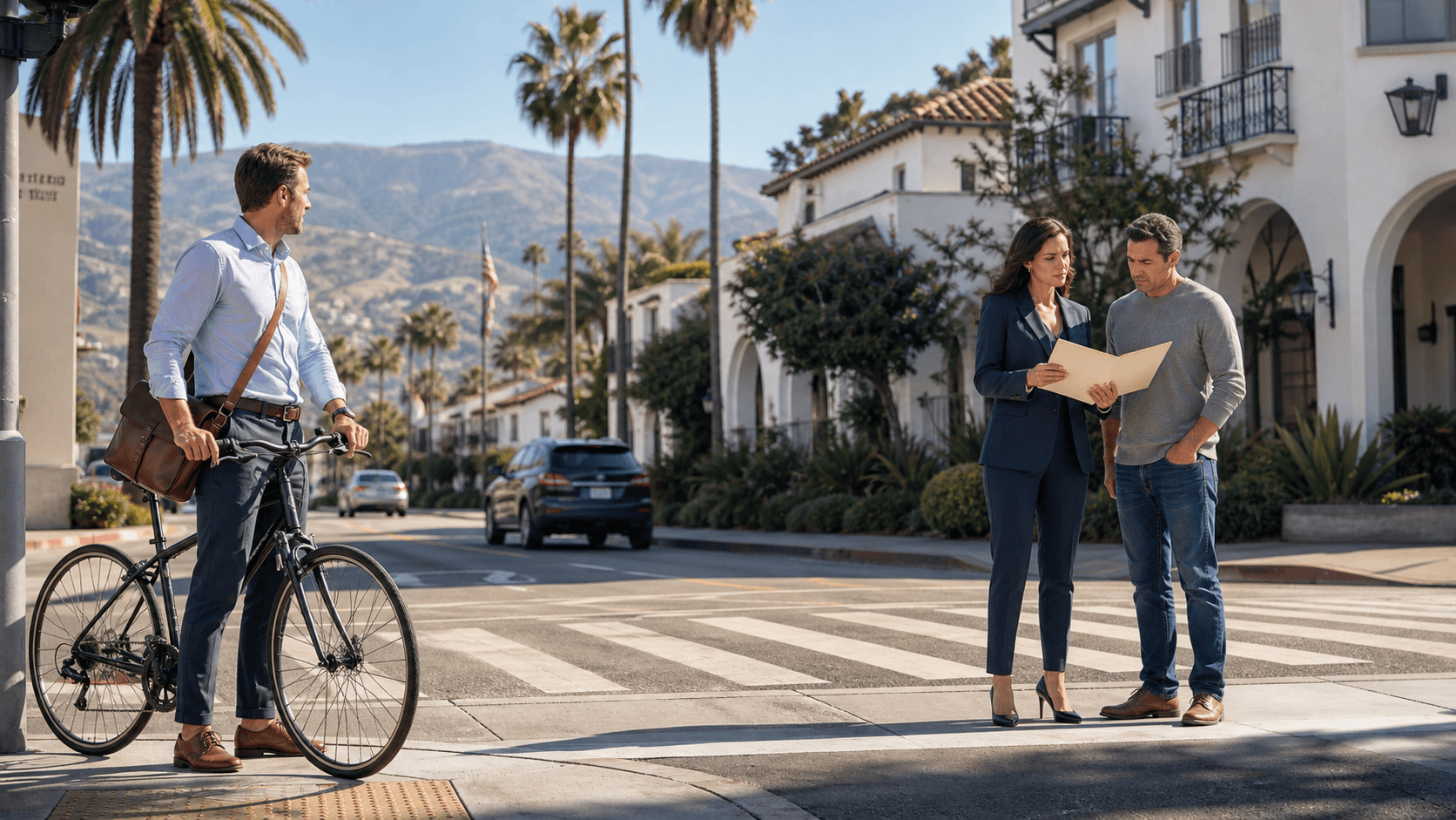 Insurer in a dark suit reviews claim papers beside a pedestrian crossing sign at dusk.