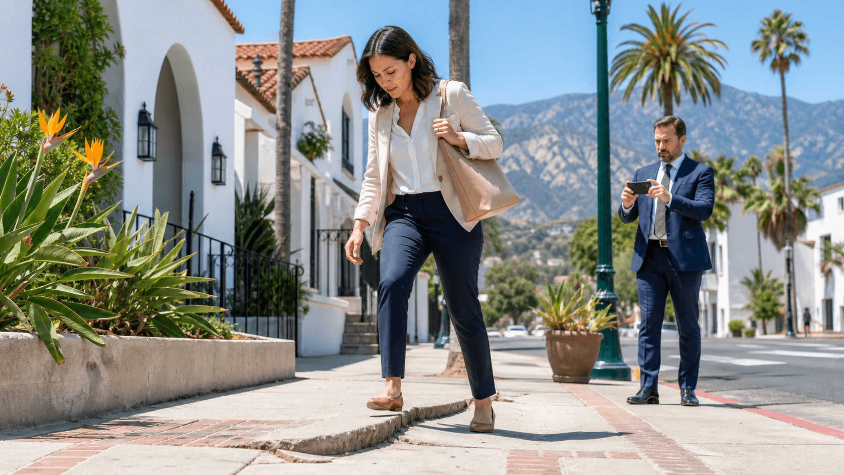 Pedestrian walks past cracked sidewalk and orange construction cones on a sunny Santa Barbara street.