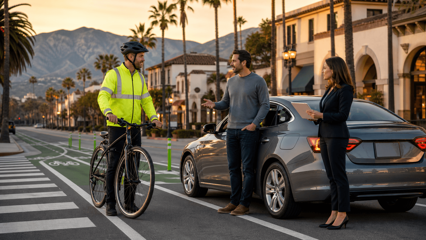 A cyclist rides along a dimly lit Santa Barbara street as car headlights glow behind palm trees.