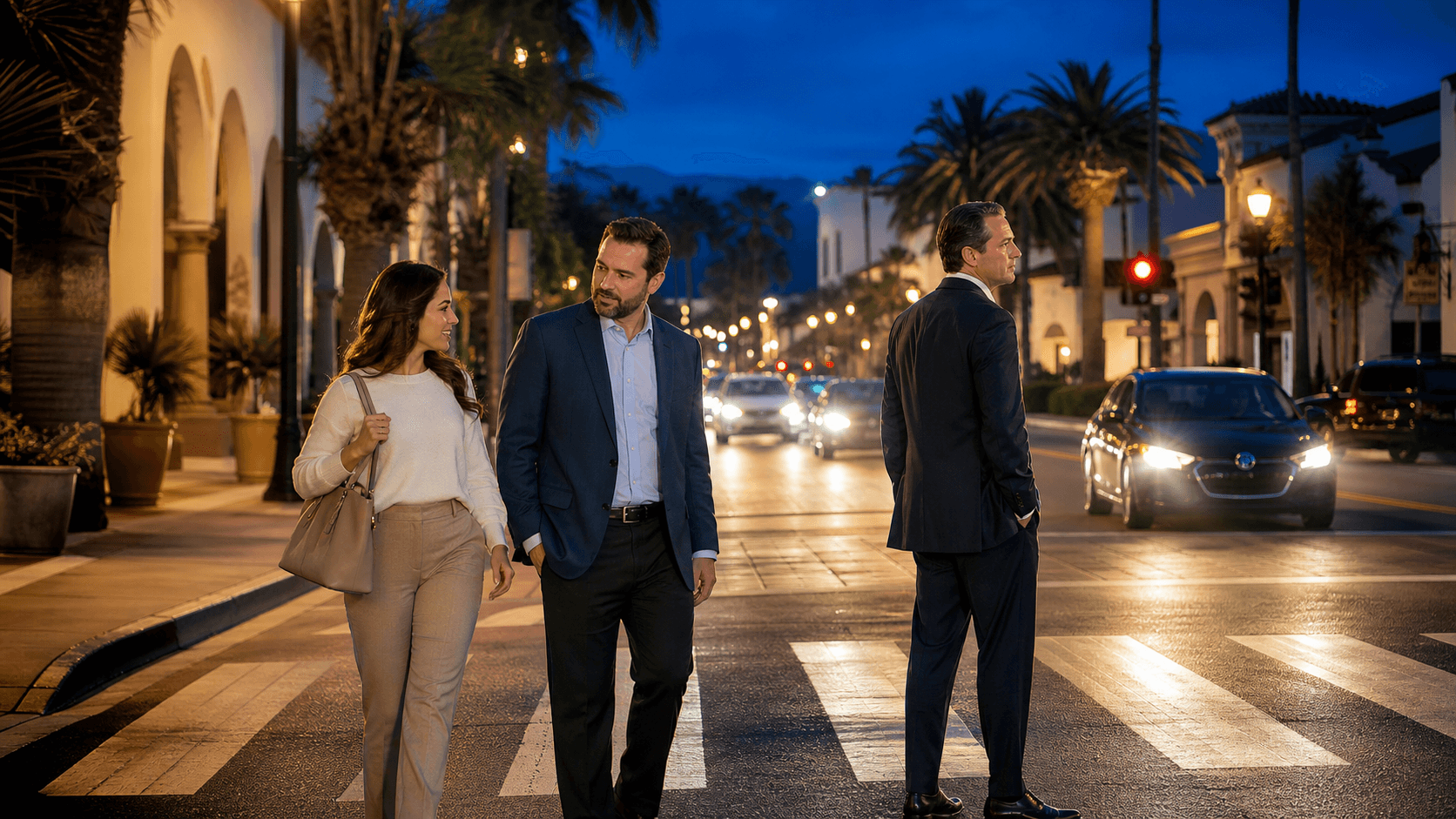 Nighttime Santa Barbara crosswalk lit by streetlights, with a pedestrian silhouette and approaching car headlights