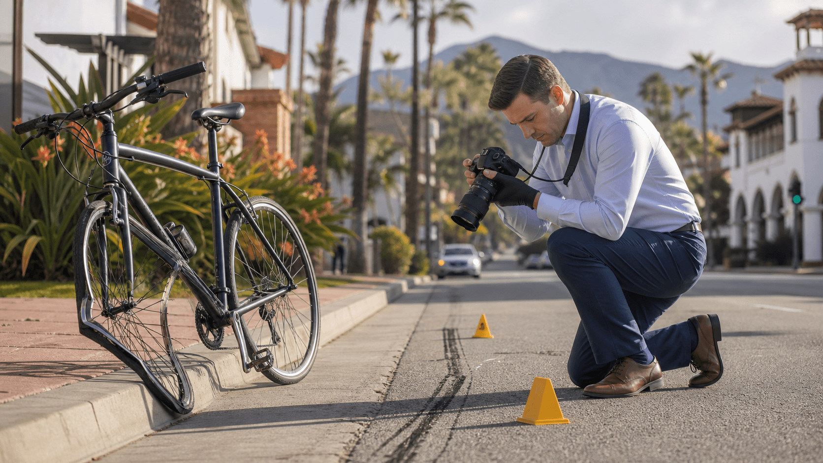 A bicycle lies beside a sunlit coastal road with police tape and scattered debris near palm trees.