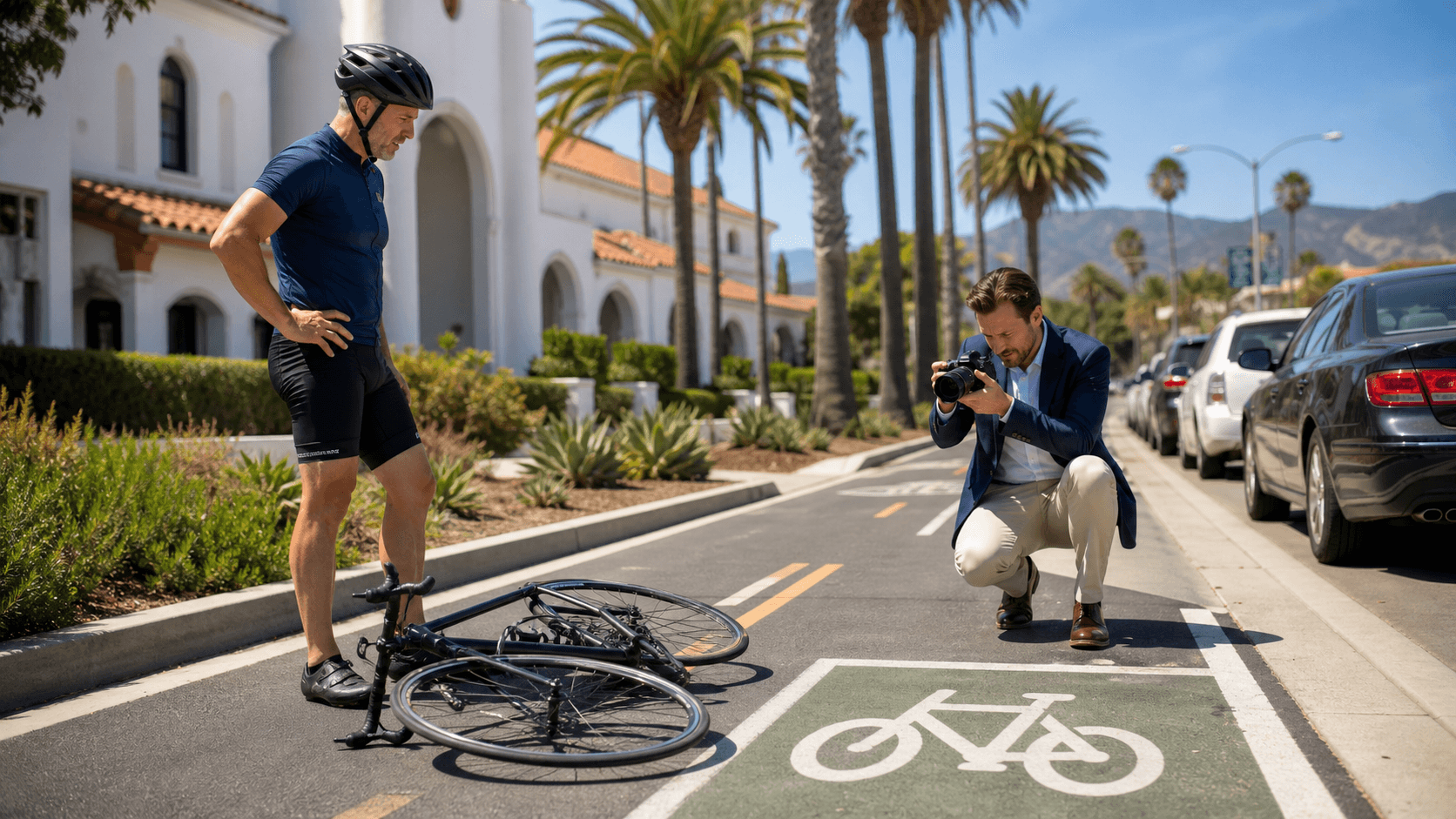 Cyclist rides beside parked cars in a sunlit Santa Barbara bike lane with palm trees and mountains behind.