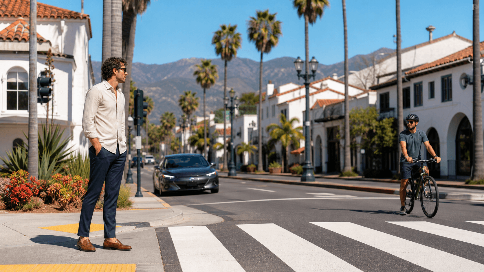 Sunlit Santa Barbara crosswalk with pedestrians, palm trees, and cars along a coastal street.