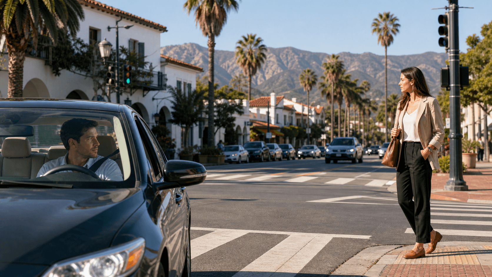 Driver pauses at a sunlit Santa Barbara crosswalk as a pedestrian walks past palm trees and storefronts.