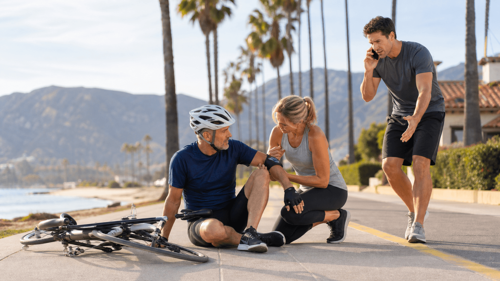 Cyclist beside a fallen beach bike on a sunlit Santa Barbara path with palm trees and ocean beyond.