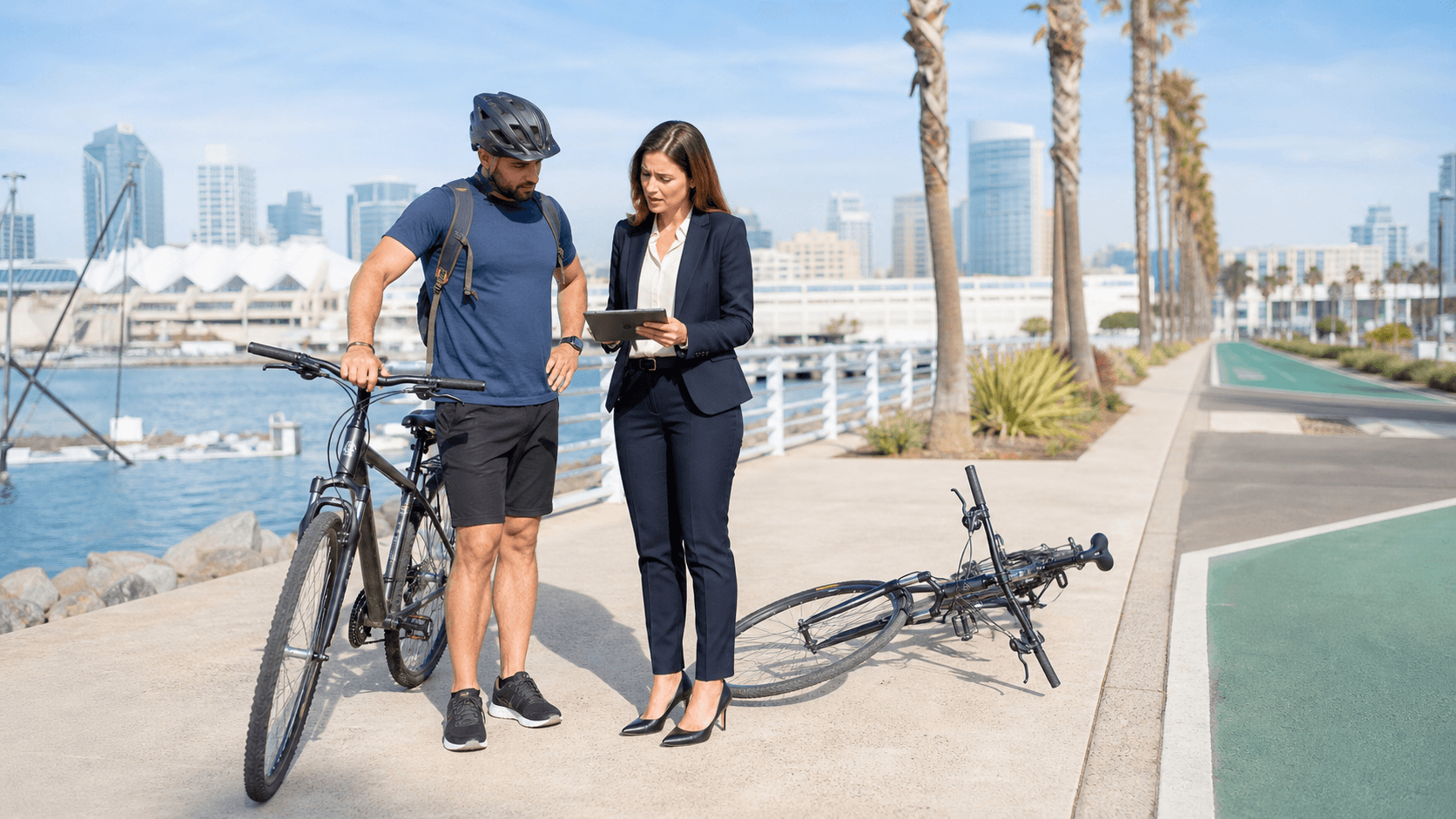 Cyclist rides along San Diego’s sunlit waterfront path beside palm trees, marina boats, and downtown skyline.